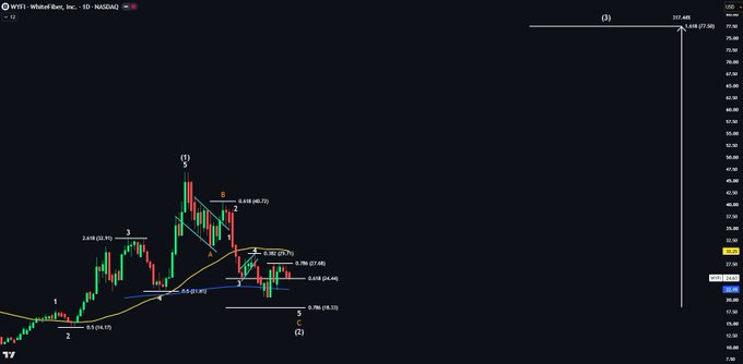 A daily candlestick chart of WhiteFiber, Inc. ($WYFI) on NASDAQ, displaying an Elliott Wave count with waves labeled 1, 2, 3, (1), and (2), along with Fibonacci retracement levels (0.382, 0.5, 0.618, 0.786) marked near the $20–$28 price range, corresponding to the analysis projecting a downward move to the 0.786 fibonacci level.