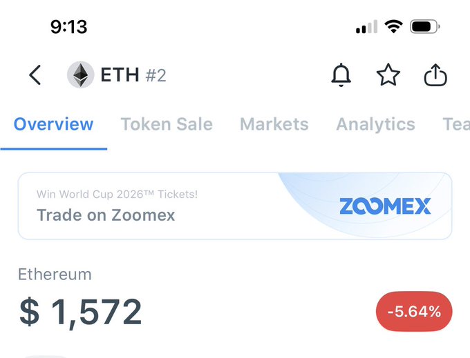 The image shows a screenshot of an app that displays information about Ether. In the top left corner, there is a summary of some Ether news stories. The main content focuses on cryptocurrency trading, specifically with etherium, and appears to be related to winning the World Cup in 2026 with tickets for trade on zoomex. The post appears to be advertising etherium as an option for investment or transaction purposes, indicating interest in this specific cryptocurrency.