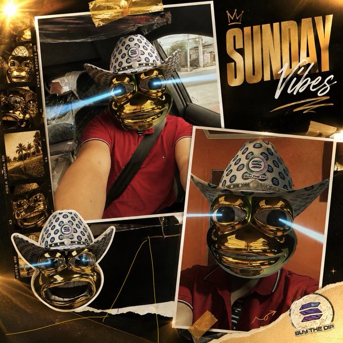 A collage styled with "SUNDAY Vibes" in gold lettering features a person wearing a shiny golden mask with glowing blue laser eyes, paired with a cow-print cowboy hat branded "BUY THE DIP," along with a smaller cutout of the same masked figure. The post celebrates acquiring a new "Golden FROGE69" collectible, emphasizing that the joy of trading lies in the community and connections made along the way.