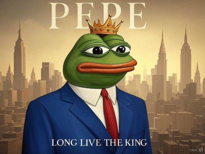 The image features a cartoon depiction of a frog wearing a suit, tie, and crown, standing against an urban cityscape backdrop with buildings and skyscrapers. The caption below the image reads "Long live the King", which could be interpreted as a reference to the meme PEPE is known for.