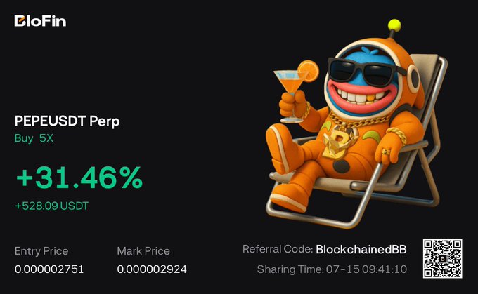 A BloFin promotional graphic celebrating a profitable PEPEUSDT perpetual trade with a +31.46% gain (+528.09 USDT) on a 5x long position, featuring a sunglasses-wearing Pepe mascot lounging in a beach chair with a cocktail. The celebratory, flex-style image aligns perfectly with the post's triumphant tone about nailing a successful Pepe trade.