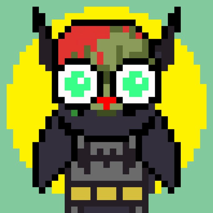 A pixel art NFT featuring a green and red owl with glowing green plus-sign eyes, yellow feathered mane, and a dark outfit against a mint green background. The character represents the MoriOwl NFT collection, now available for trading on Tensor's secondary marketplace.