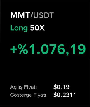 Financial display showing 'MMT/USDT Long 50X' with a gain of '+%1.076,19', an opening price of '$0,19' and an indicator price of '$0,2311'.