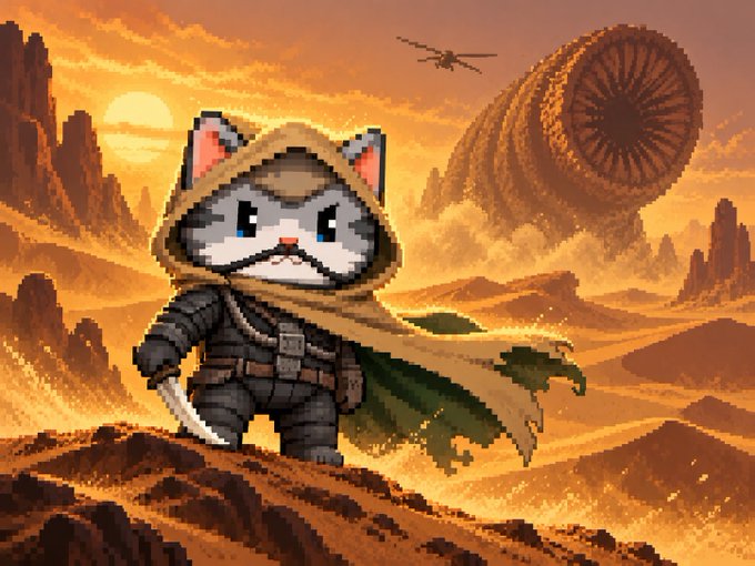 Pixel art showing a gray cat character dressed as a hooded ninja/warrior with a sword, standing on a rocky outcrop in a desert landscape with a large spiraled structure in the background.