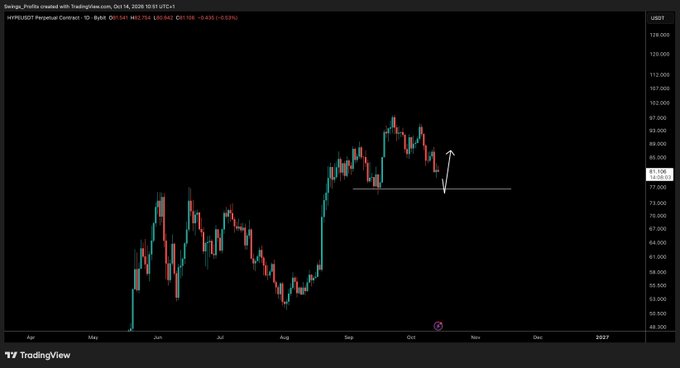 A TradingView daily chart of the Hyperliquid ($HYPE) perpetual contract on the 1D timeframe, showing price currently at 80.642 USDT (down -0.03%), with a manual annotation indicating an expected pullback to the ~77 support level before a potential bounce, aligning with the post's call to "wait for that tap lower" before further upside.