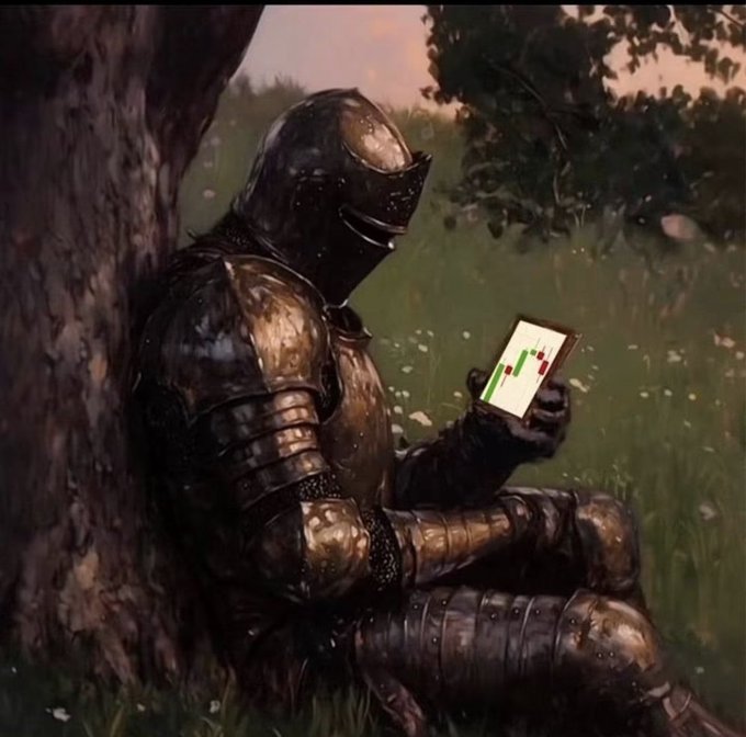 A medieval knight in full armor sits against a tree in a grassy field, holding a tablet displaying a stock chart.