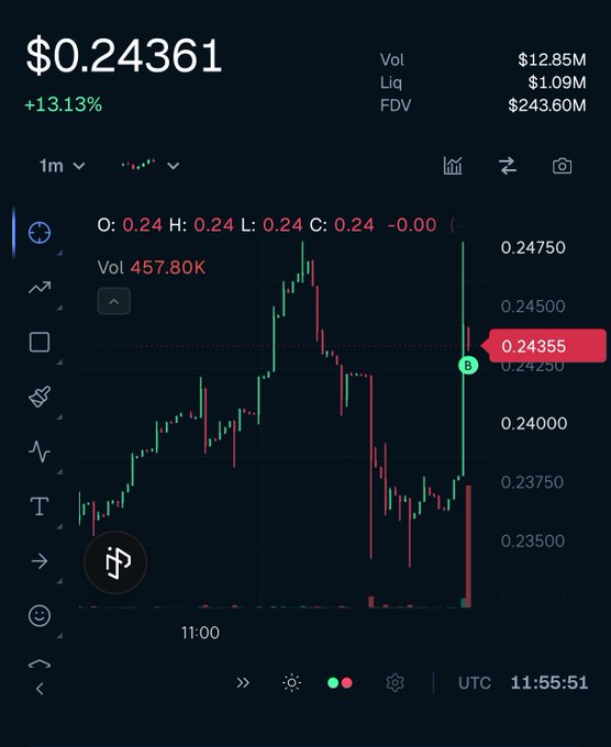 A candlestick chart shows a token priced at $0.24361, up 13.13%, with a recent sharp vertical spike highlighted at $0.24355 alongside volume of 457.80K and FDV of $243.60M—visually illustrating the sudden hype-driven pump the post warns about before its inevitable reversal.