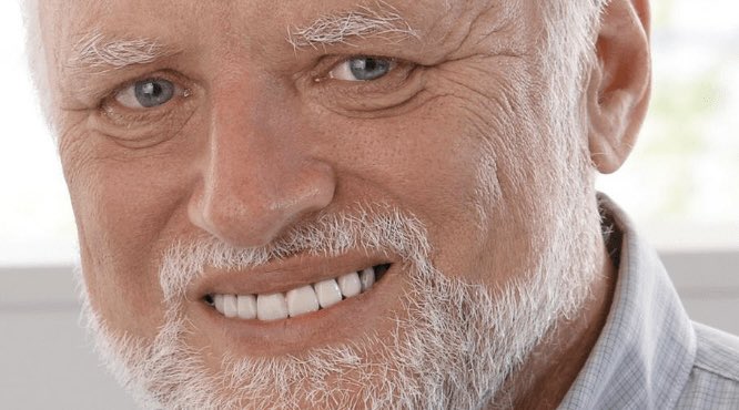A close-up photo of an elderly smiling man with a white beard, representing the relatable joy and optimism that contrasts humorously with crypto enthusiasts celebrating market gains. The man's genuine, wide grin visually echoes the "crypto bros" excitement described in the caption.