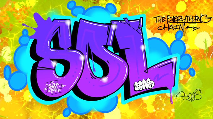 Colorful graffiti-style artwork featuring the letters 'GJSL' in purple and blue bubble letters, with text reading 'THE EVERYTHING CHANNEL' and 'GREAT GAWKS GRAVIE' on a yellow and green background.