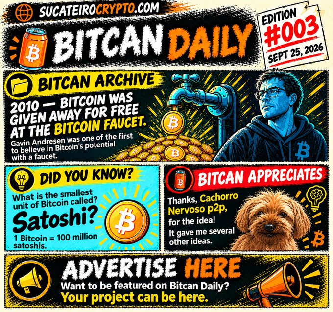 A promotional graphic for 'BITCAN DAILY' newsletter edition #003 dated September 25, 2026 from sucateirocrypto.com, featuring Bitcoin history, a Satoshi fact, a dog photo credited to 'Cachorro Nervoso p2p', and an advertisement placeholder.
