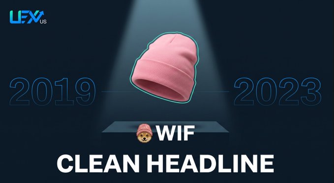 The image shows the dogwifhat ($WIF) logo—a Shiba Inu puppy named Achi wearing a pink beanie—with "2019" and "2023" flanking it, illustrating the four-year gap between when Achi's viral photo emerged and when the WIF token launched on Solana. The "CLEAN HEADLINE" text and LFX.us watermark frame it as a marketing piece about the meme's origins.