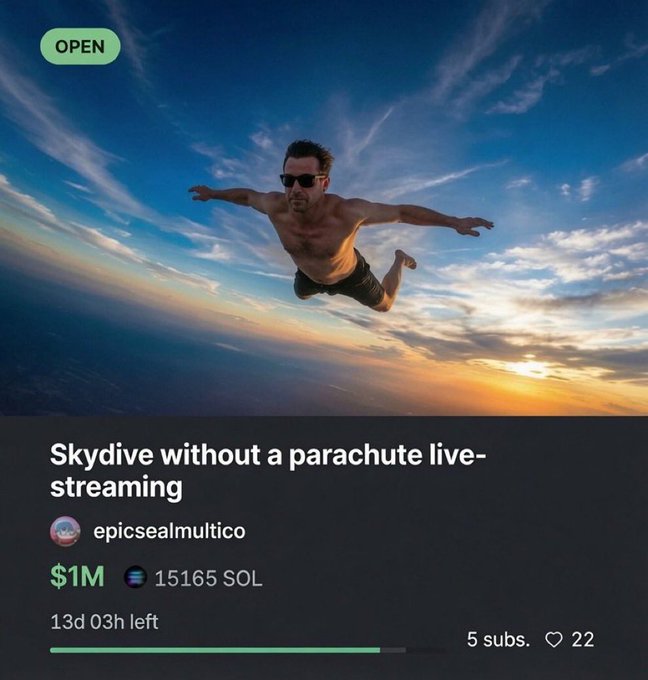 The image shows an advertisement for a parachuting experience, with a man depicted jumping out of a plane without a parachute. The ad also includes information about a Kickstarter campaign that supports this parachuting activity. The text in the image suggests that people are willingly supporting this project by donating money to fund it.