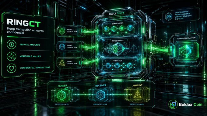 A promotional graphic for 'RINGCT' by Beldex Coin, illustrating cryptographic technology features like Private Amounts, Verifiable Values, and Confidential Transactions in a futuristic green-toned design.