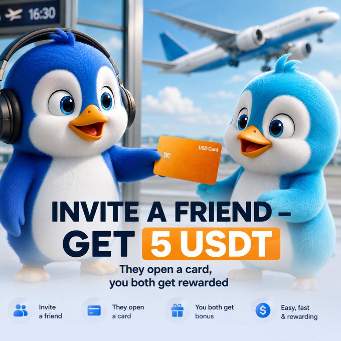 Two cartoon penguins wearing headphones exchange an orange USDT card at an airport with a plane taking off, promoting an Antarctic Wallet referral campaign offering "5 USDT" — both friends receive rewards ("They open a card, you both get rewarded"). The post's "3+2" split ($3 to inviter, $2 to friend) sums to the "5 USDT" bonus highlighted in the image, illustrating the referral program's earnings.