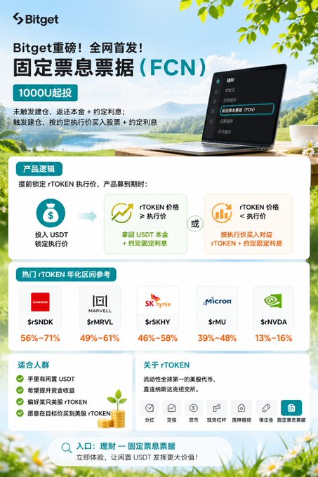 A Bitget promotional graphic in Chinese for '固定票息票据 (FCN)' fixed coupon notes, starting from 1000 USDT, highlighting annualized returns on rTokens including $rSNDK, $rMRVL, $rSKHY, $rMU, and $rNVDA.