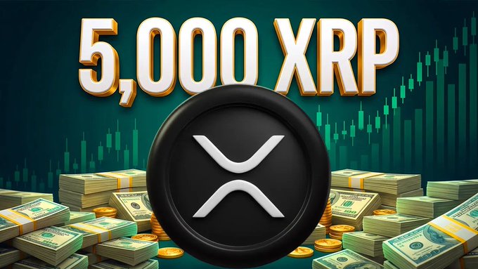 A graphic displays "5,000 XRP" in large gold text above a black XRP coin, set against a background of stacked cash and green candlestick charts.