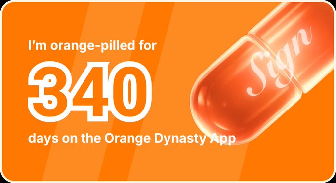 An orange graphic stating 'I'm orange-pilled for 340 days on the Orange Dynasty App' with an orange capsule pill.