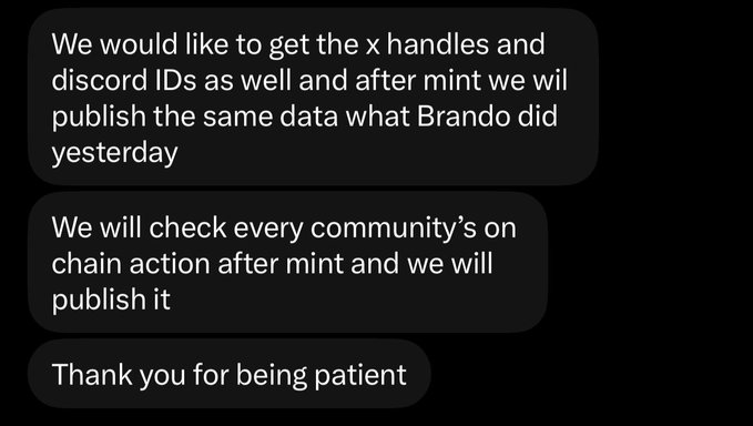 A screenshot of three message bubbles reads: "We would like to get the x handles and discord IDs as well and after mint we wil publish the same data what Brando did yesterday," "We will check every community's on chain action after mint and we will publish it," and "Thank you for being patient." The post celebrates "@ethmaxi" presumably in response to this announcement about collecting and publicly sharing on-chain data and social media handles after a mint, contrasting with the "nice one" sentiment of the accompanying comment.
