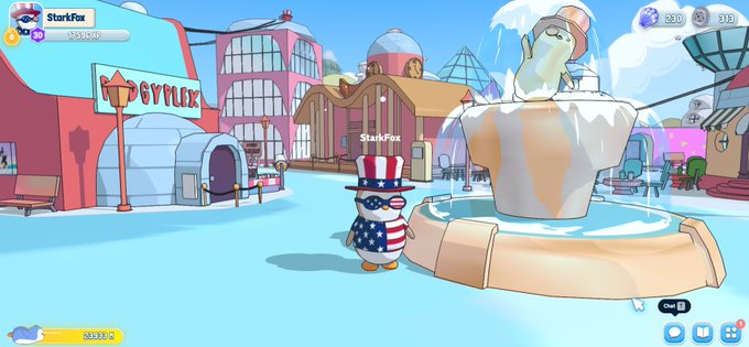 A screenshot from a Club Penguin-like game showing a penguin character named 'StarkFox' wearing an Uncle Sam hat in a colorful town square with a fountain and gym.