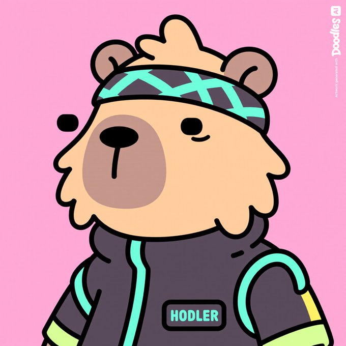 A cartoon bear character wearing a green patterned headband and a dark hoodie with teal accents has the word 'HODLER' displayed on its chest.