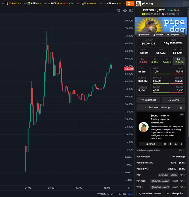 A screenshot of a cryptocurrency trading chart showing $PIPEDOG on Robinhood via Uniswap, with the token's price action spiking dramatically to around 60-70M before correcting to $54.69M, displaying market cap of $54.7M, liquidity of $11.5M, and 34.44% buy dominance despite a -5.03% 5-minute drop.
