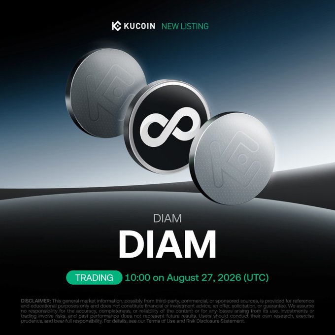 KuCoin has announced that Diamante ($DIAM) will be listed for trading starting at 10:00 UTC on August 27, 2026, as shown in this promotional image featuring three metallic coins with the DIAM infinity logo and the KuCoin "New Listing" banner.