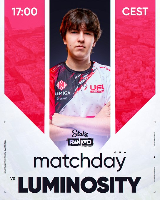 An esports matchday graphic displays a player portrait with "17:00 CEST", "matchday", "LUMINOSITY", and team/sponsor logos including "Stake", "RANKED", and "UFL".