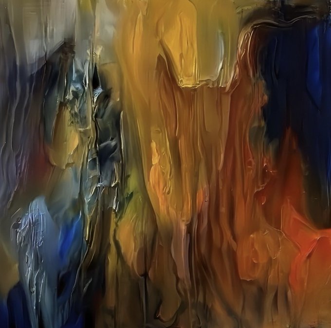 The image features a painting with an abstract style, predominantly featuring shades of orange and brown. The artwork has a thick texture, giving it a three-dimensional appearance. The colors used are vibrant and eye-catching, drawing attention to the details within the piece. The artist's signature can be seen in the bottom right corner of the image.