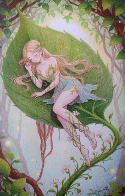 A fantasy illustration depicts a sleeping fairy with flowing golden hair and a blue leaf-like dress, resting peacefully on a large green leaf intertwined with vines and small flowers.