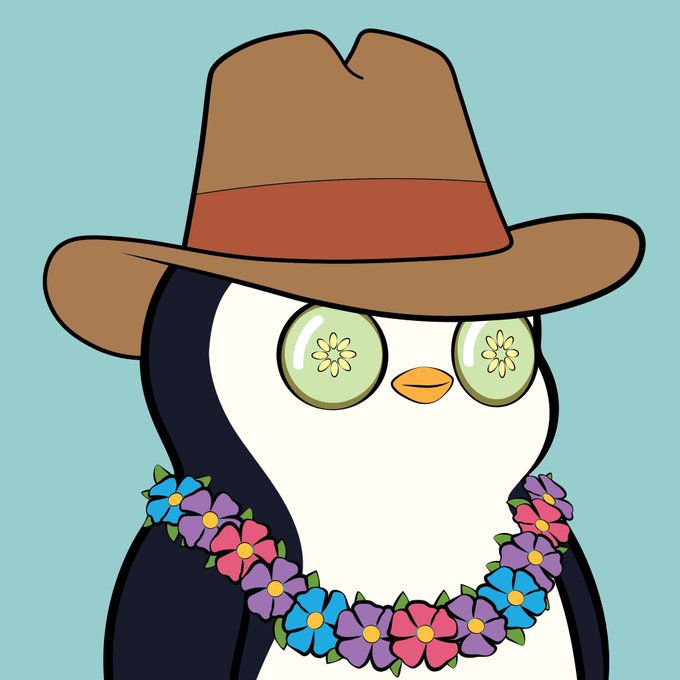 Cartoon penguin wearing a brown cowboy hat with cucumber slices over its eyes and a colorful flower lei necklace.