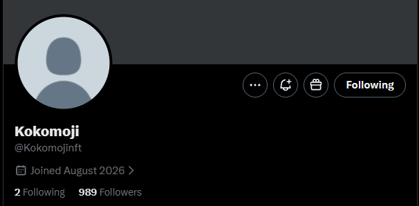 A screenshot of the Twitter/X profile for Kokomoji (@Kokomojinft), showing a default avatar, "Joined August 2026," 2 Following, and 989 Followers, with a "Following" button indicating the post author's account already follows this NFT project.
