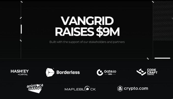 Announcement that 'VANGRID RAISES $9M' with the subtitle 'Built with the support of our stakeholders and partners,' featuring logos of investors including HashKey Capital, Borderless, Gate.io, Crypto.com, and others.