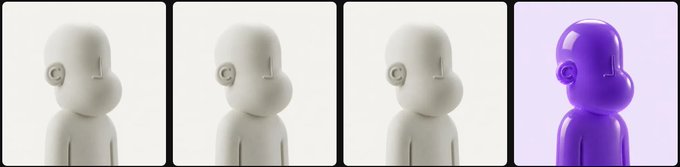 Four 3D rendered humanoid figures in a row against colored backgrounds (white, beige, light gray, purple), featuring minimal facial features and circular ear-like structures.