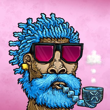 Stylized cartoon portrait of a character with bright blue dreadlocks and beard, wearing pink sunglasses and a gold earring, smoking a cigar and drinking from an ornate blue cup against a pink background.