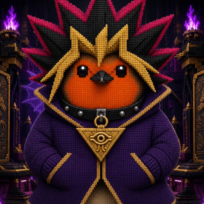 A pixelated, chibi-style rendition of the famous "Robert" NFT bird character, depicted with spiky black and magenta hair, a beak, and a golden Eye of Horus necklace, wearing a purple and gold robe against a dark mystical background. The caption "Yami Robert goes hard af" accompanies the image, celebrating the user's acquisition of this stylized Egyptian-themed variant of the iconic NFT.