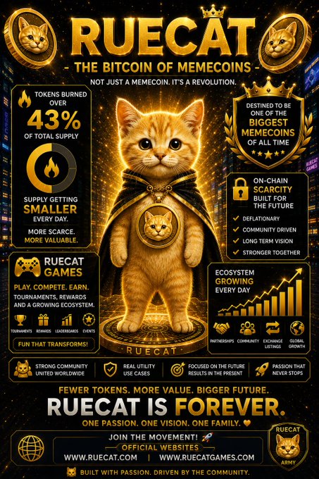 A promotional poster for "RUECAT - THE BITCOIN OF MEMECOINS" featuring an orange cat wearing a cape, with claims of over 43% tokens burned and links to ruecat.com and ruecatgames.com.