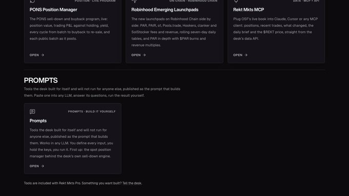 A dark-themed dashboard interface showing crypto trading tools from Rekt Mkts Pro, including "PONS Position Manager," "Robinhood Emerging Launchpads," "Rekt Mkts MCP," and a featured "Prompts - Build It Yourself" section that allows users to paste prompts into any LLM to build their own spot position manager, directly illustrating the post's announcement about the newly launched Prompts feature.
