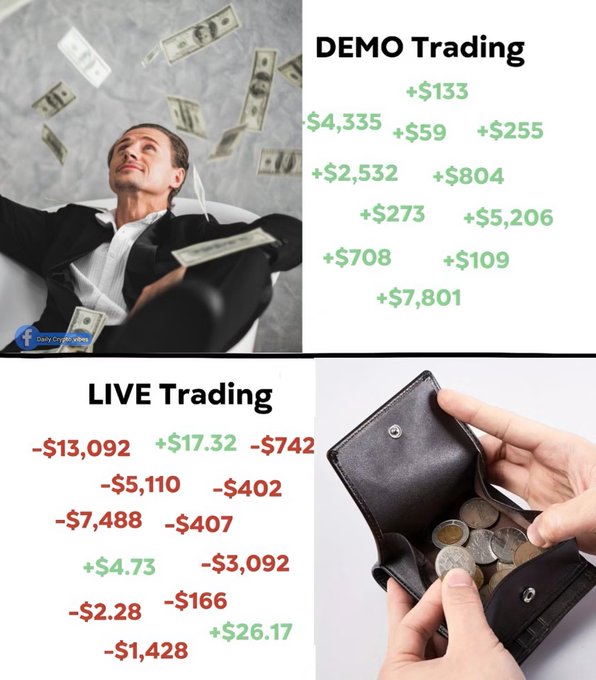 A comparison meme showing 'DEMO Trading' with green positive numbers (like +$4,335, +$5,206, +$7,801) next to a man surrounded by falling money, versus 'LIVE Trading' with mostly red negative numbers (like -$13,092, -$7,488) next to a nearly empty wallet.
