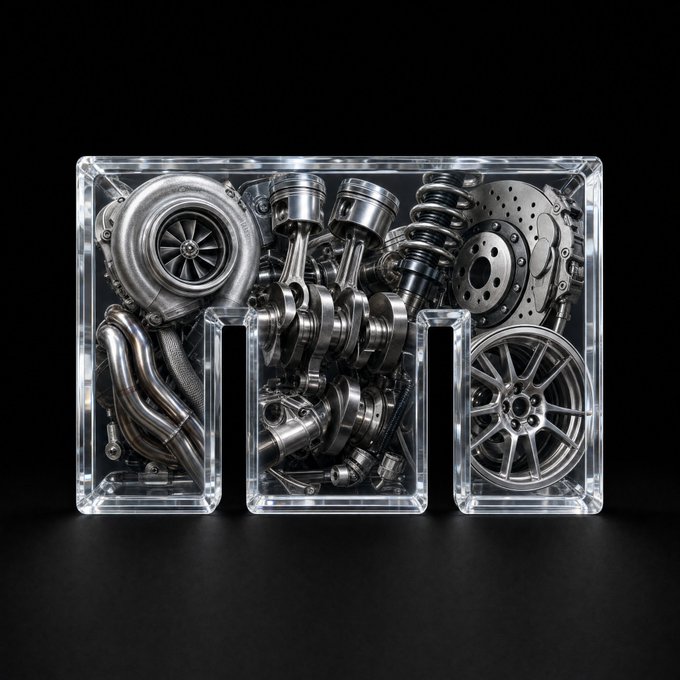 A 3D rendering of the letter 'm' made of clear acrylic containing various metallic car engine parts, including a turbocharger, pistons, brake rotor, and alloy wheel, set against a dark background.