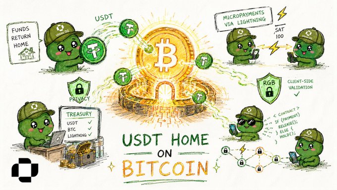 Illustration explaining 'USDT Home on Bitcoin,' depicting cartoon characters in green caps around a central Bitcoin with features like privacy, treasury (USDT, BTC, Lightning), micropayments via Lightning, and client-side validation.
