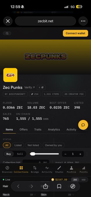 A mobile screenshot of the zecbit.net website displaying the Zec Punks NFT collection page with statistics including 1,555 items, floor price of 0.0366 ZEC, and volume of 18.03 ZEC.