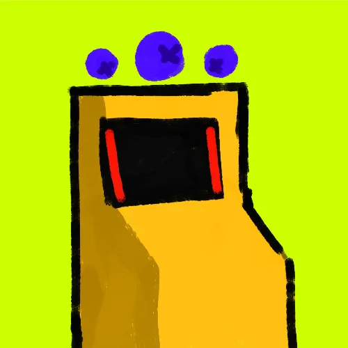 A digital drawing of an arcade machine with purple and blue spheres on top, set against a bright yellow-green background. The image evokes a retro gaming aesthetic that complements the post about the Blueberry RH BTC #8469 NFT sale for 1.4 ETH.