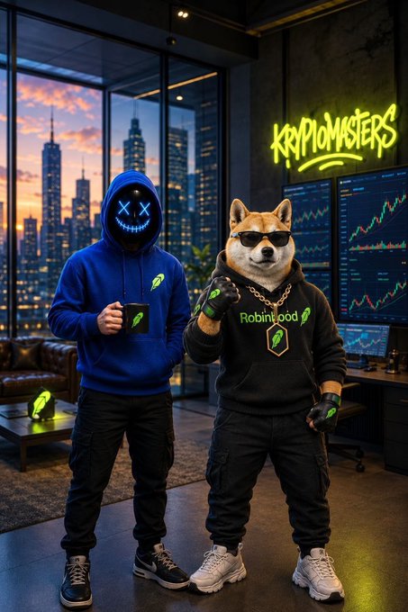 A digitally rendered scene showing a hooded figure with a glowing blue X-eyed mask standing next to a Shiba Inu dog wearing sunglasses and a black hoodie with 'Robinpod' branding, inside a room with 'KRYPTOMASTERS' in neon lettering and crypto charts in the background.