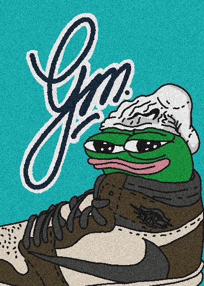 An illustration of the Pepe the Frog character wearing a brown Nike sweatshirt and white sneakers, sitting with text 'Gm.' in a cursive font on a teal background.
