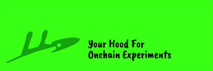 A bright green banner featuring a lizard logo alongside the handwritten-style text "Your Hood For Onchain Experiments," promoting the @Hoods_works project mentioned in the giveaway post.