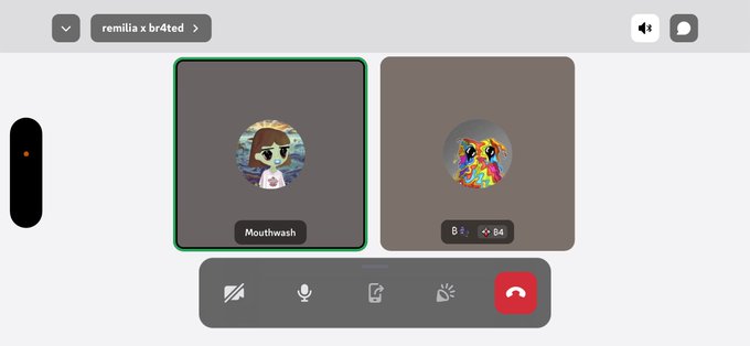 The image displays a Discord voice call interface with two participants, including one user named "Mouthwash," visually confirming the call mentioned in the post about discussing the Remilia NFT project and its HONOR token rewards system.
