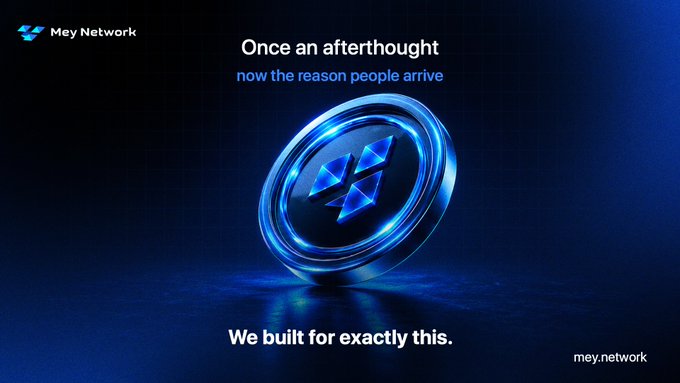 A sleek promotional graphic for **Mey Network (mey.network)** features a glowing blue 3D emblem on a dark grid background, accompanied by the headline "Once an afterthought, now the reason people arrive" and the closing line "We built for exactly this." The tagline "$MEY" reinforces Mey Network's branding as a platform purpose-built for the rise of real-world assets (RWAs) as the primary draw for crypto users in 2026.