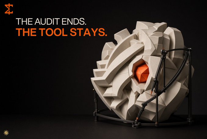 A large, spherical stone-like sculpture with geometric facets and an orange crystal at its center is held in place by a metal arm structure, accompanied by the text "THE AUDIT ENDS. THE TOOL STAYS." The image visually reinforces the post's message about Miden retaining permanent security tools from Trail of Bits' audit, symbolizing how the lasting artifact of a temporary audit is the improved methodology for ongoing vulnerability detection.