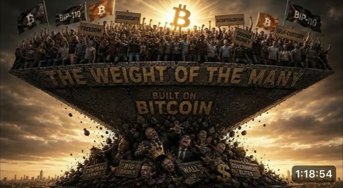 A dramatic AI-generated illustration titled 'THE WEIGHT OF THE MANY BUILT ON BITCOIN' showing a massive crowd cheering atop a structure, with flags displaying Bitcoin logos, 'BIP-110', 'BIP-119', 'FREEDOM', and 'SOVEREIGNTY'.