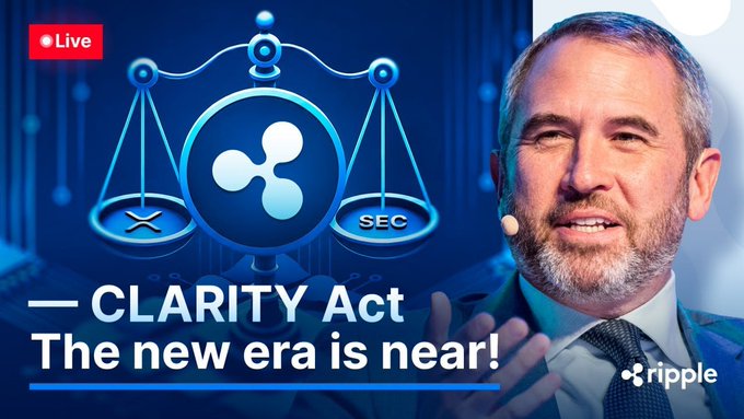 The image features a man wearing a suit and tie, standing against a gray background with a light blue border. He has a beard and mustache, giving him an intellectual appearance. The text on the image reads "clarity act" and "the new era is near". The man appears to be holding something in his hand that looks like a phone or microphone. There are also some texts surrounding the image, which seem to be related to the post's content.
